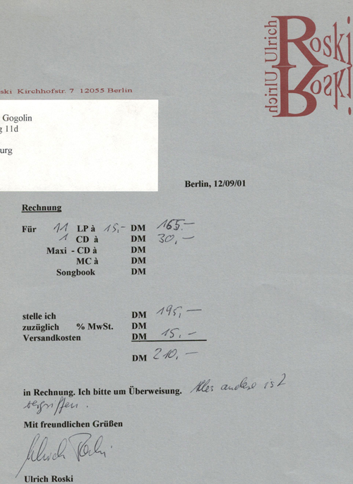 Schallplatten-Rechnung von Ulrich Roski 2001