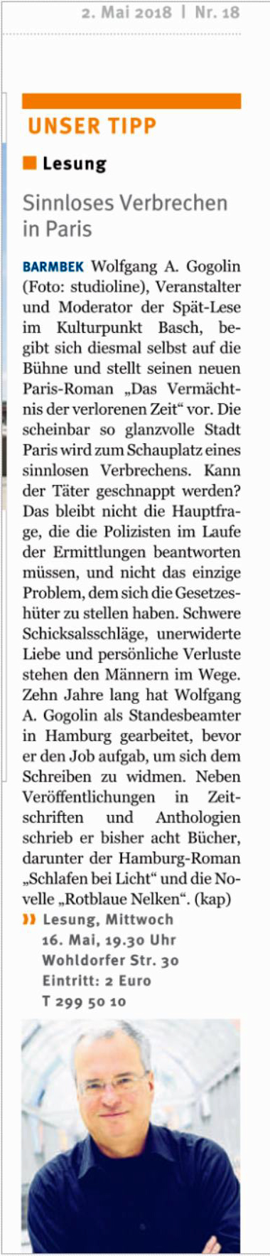 Das Vermchtnis der verlorenen Zeit/Lesungsankndigung im Hamburger Wochenblatt vom 2. Mai 2018